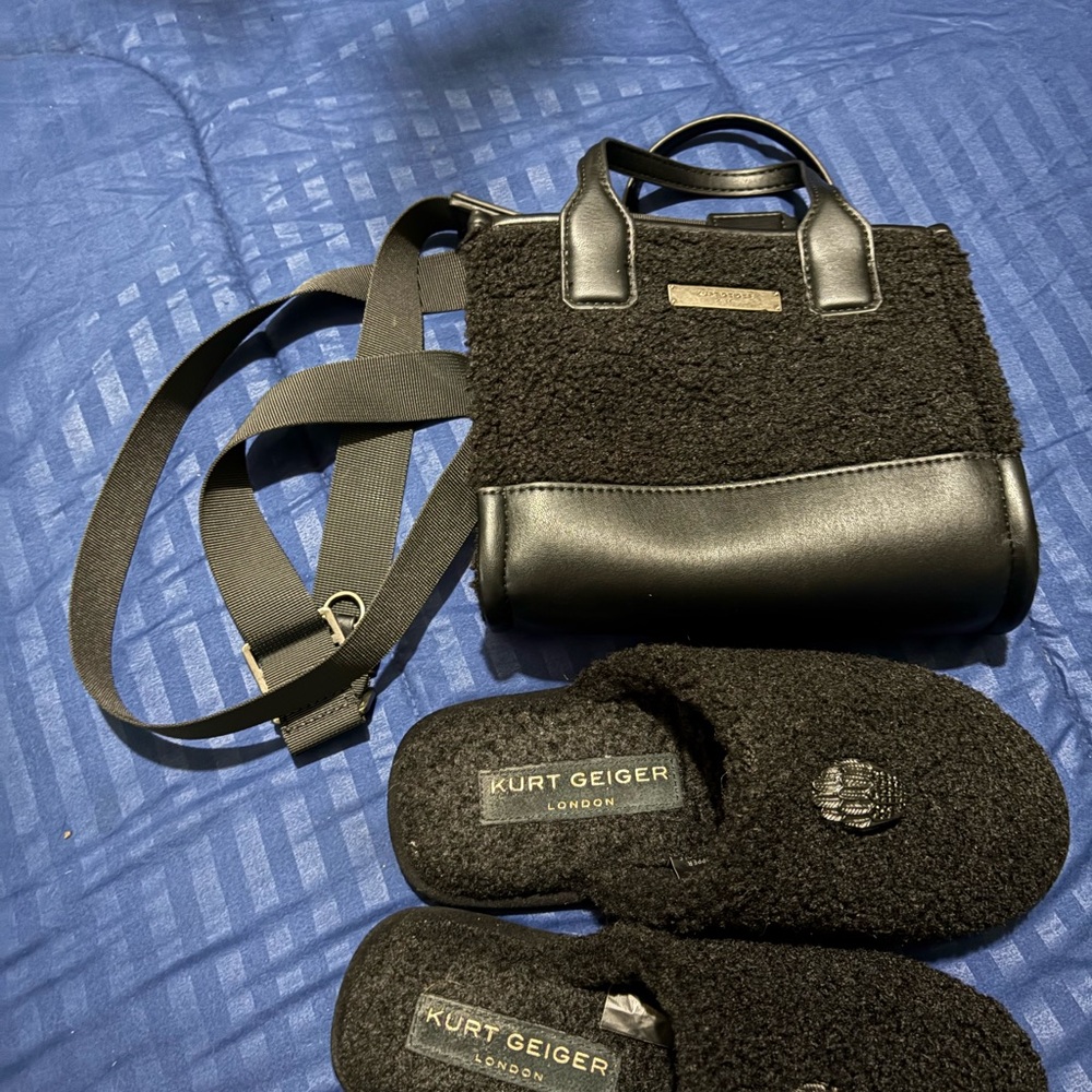 Kurt Geiger Black Textured Bag and Slippers